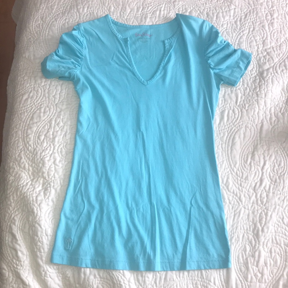 Lilly Pulitzer XS Blue V-Neck Ruffle Sleeve Shirt